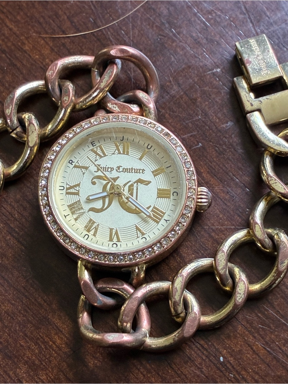Juicy Couture Gold-Tone Chain Bracelet Watch | Running | Rhinestone Bezel